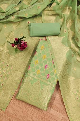 light green zari woven chanderi silk dress materials