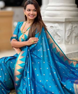 soft litchi art silk banarasi art silk jacquard saree (temple-paithani-firozi) 4