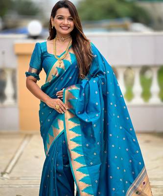 soft litchi art silk banarasi art silk jacquard saree (temple-paithani-firozi) 5