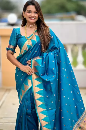 soft litchi art silk banarasi art silk jacquard saree (temple-paithani-firozi)