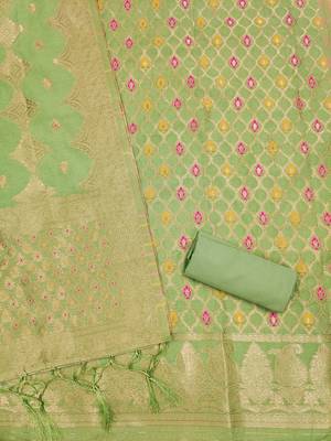 light green zari woven chanderi silk dress materials 4