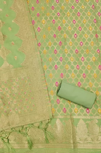 light green zari woven chanderi silk dress materials