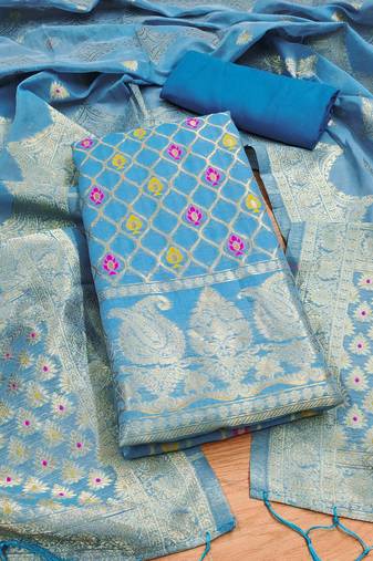 aqua blue zari woven chanderi silk dress materials