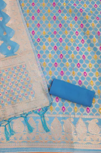 aqua blue zari woven chanderi silk dress materials