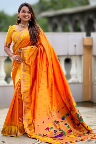soft litchi art silk banarasi art silk jacquard saree (temple-paithani-orange)