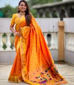 soft litchi art silk banarasi art silk jacquard saree (temple-paithani-orange)