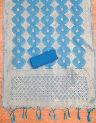 aqua blue zari woven chanderi silk dress materials 4