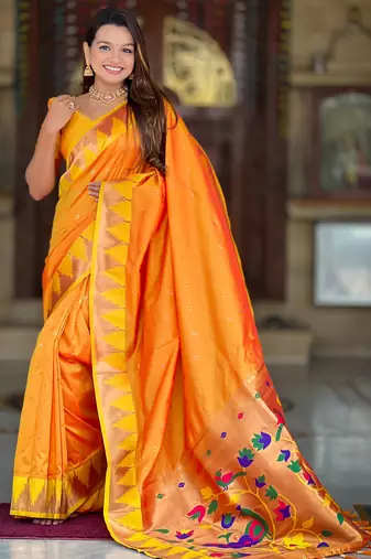 soft litchi art silk banarasi art silk jacquard saree (temple-paithani-orange)
