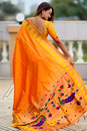 soft litchi art silk banarasi art silk jacquard saree (temple-paithani-orange)