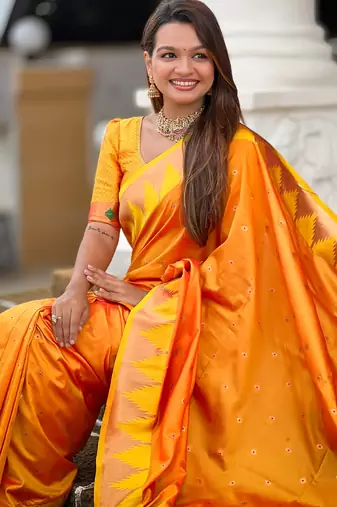 soft litchi art silk banarasi art silk jacquard saree (temple-paithani-orange)