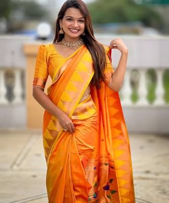 soft litchi art silk banarasi art silk jacquard saree (temple-paithani-orange) 5