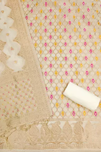 white zari woven chanderi silk dress materials