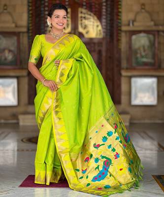 soft litchi art silk banarasi art silk jacquard saree (temple-paithani-parrot) 2