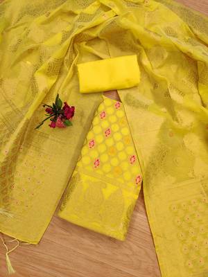 yellow zari woven chanderi silk dress materials 2