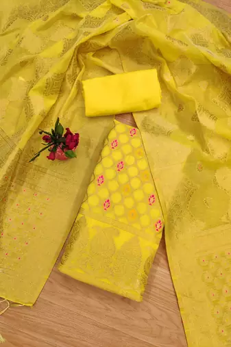 yellow zari woven chanderi silk dress materials