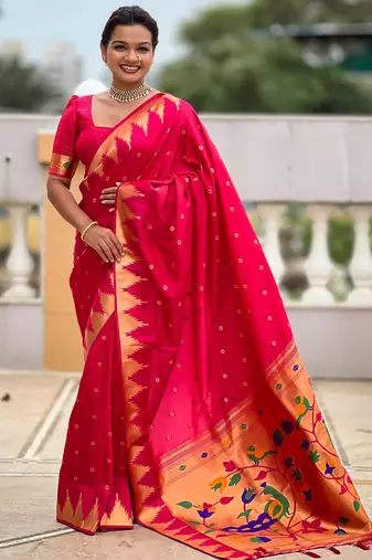 soft litchi art silk banarasi art silk jacquard saree (temple-paithani-rani-pink)