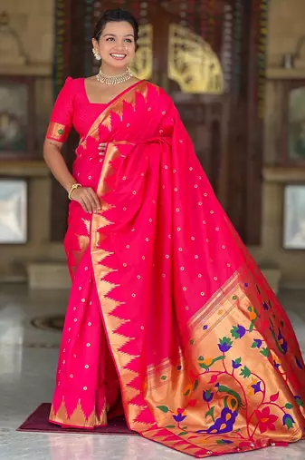 soft litchi art silk banarasi art silk jacquard saree (temple-paithani-rani-pink)
