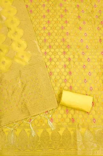 yellow zari woven chanderi silk dress materials
