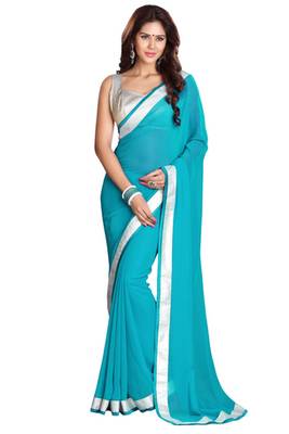 Turquoise Plain Georgette Saree With Blouse 1