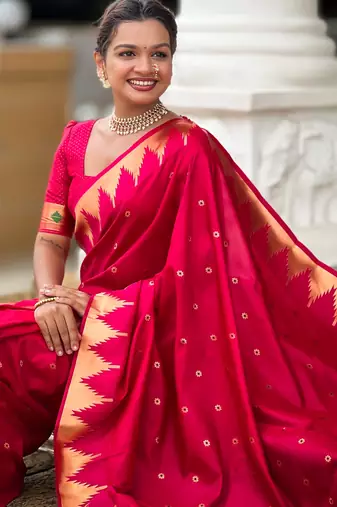 soft litchi art silk banarasi art silk jacquard saree (temple-paithani-rani-pink)