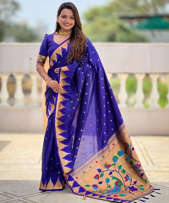 soft litchi art silk banarasi art silk jacquard saree (temple-paithani-royal-blue) 1