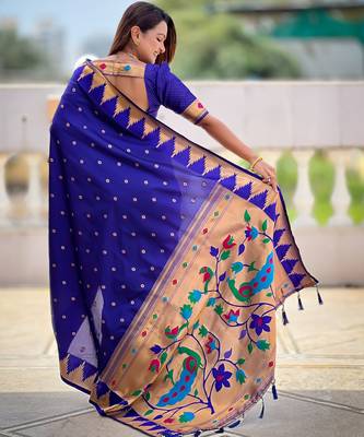 soft litchi art silk banarasi art silk jacquard saree (temple-paithani-royal-blue) 3