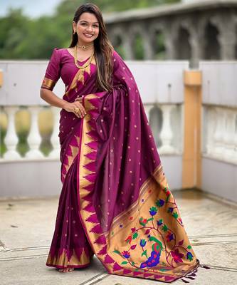 soft litchi art silk banarasi art silk jacquard saree (temple-paithani-wine) 1
