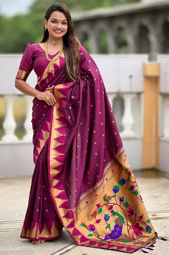 soft litchi art silk banarasi art silk jacquard saree (temple-paithani-wine)