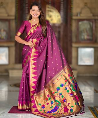 soft litchi art silk banarasi art silk jacquard saree (temple-paithani-wine) 2