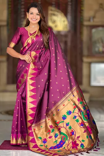 soft litchi art silk banarasi art silk jacquard saree (temple-paithani-wine)