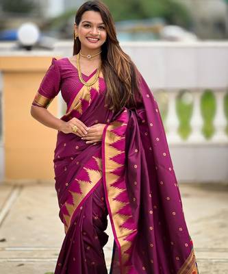 soft litchi art silk banarasi art silk jacquard saree (temple-paithani-wine) 5