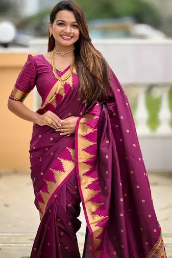 soft litchi art silk banarasi art silk jacquard saree (temple-paithani-wine)
