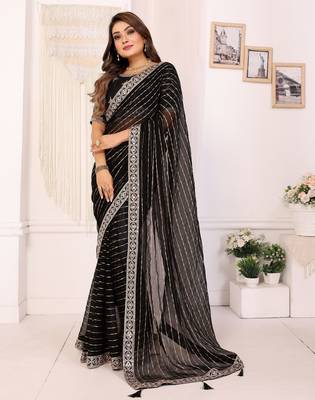 georgette embroidered & sequin work bollywood fancy saree (madhvi-black) 2
