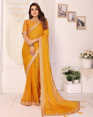 georgette embroidered & sequin work bollywood fancy saree (madhvi-mustard) 1