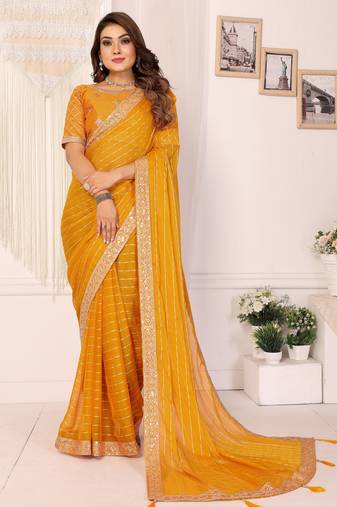 georgette embroidered & sequin work bollywood fancy saree (madhvi-mustard)
