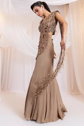 Brown embroidered silk saree