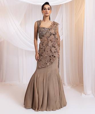 Brown embroidered silk saree 1