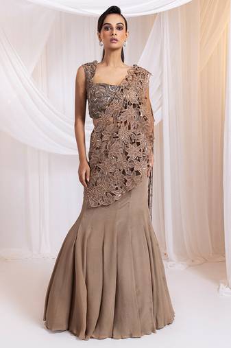 Brown embroidered silk saree