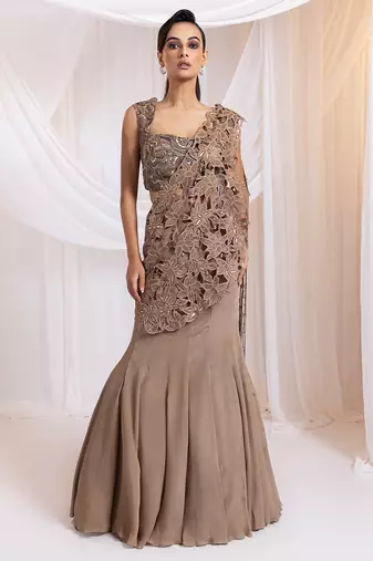 Brown embroidered silk saree