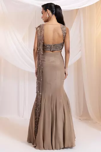 Brown embroidered silk saree