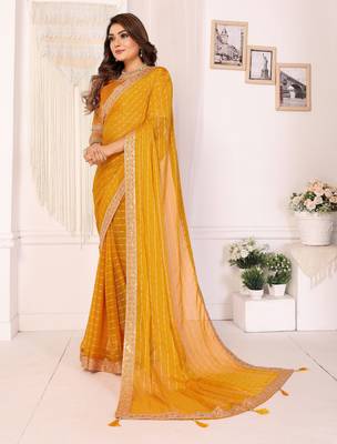 georgette embroidered & sequin work bollywood fancy saree (madhvi-mustard) 2