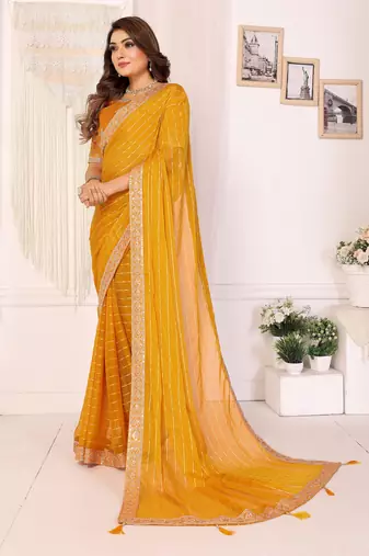 georgette embroidered & sequin work bollywood fancy saree (madhvi-mustard)