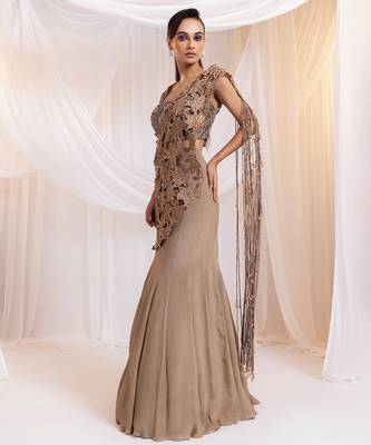 Brown embroidered silk saree 4