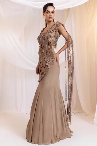 Brown embroidered silk saree
