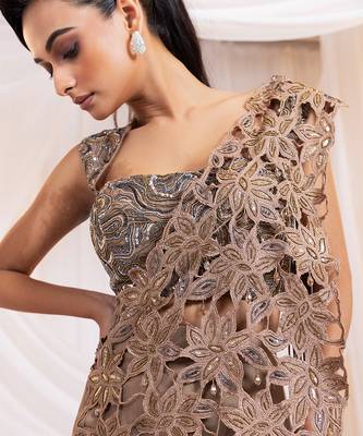 Brown embroidered silk saree 5