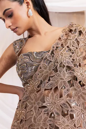 Brown embroidered silk saree