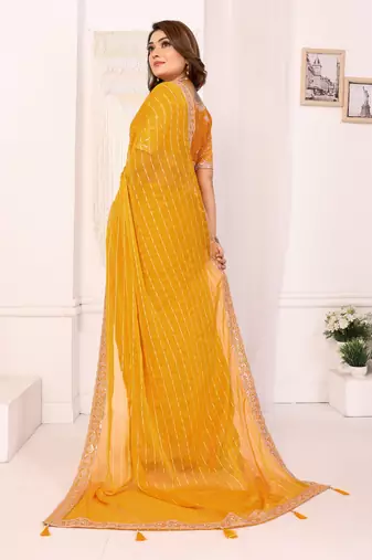 georgette embroidered & sequin work bollywood fancy saree (madhvi-mustard)