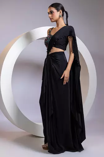 Black embroidered silk saree