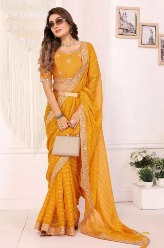 georgette embroidered & sequin work bollywood fancy saree (madhvi-mustard)