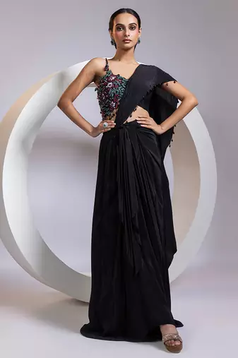 Black embroidered silk saree